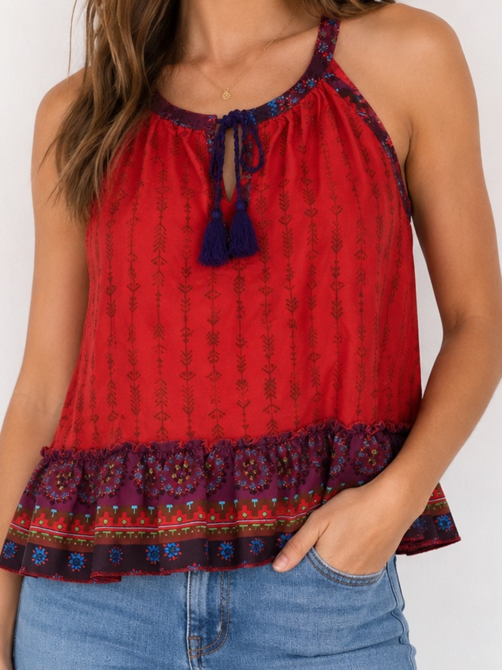 Natural Life Live Happy Boho Tassel Peplum Tank Top Size Small